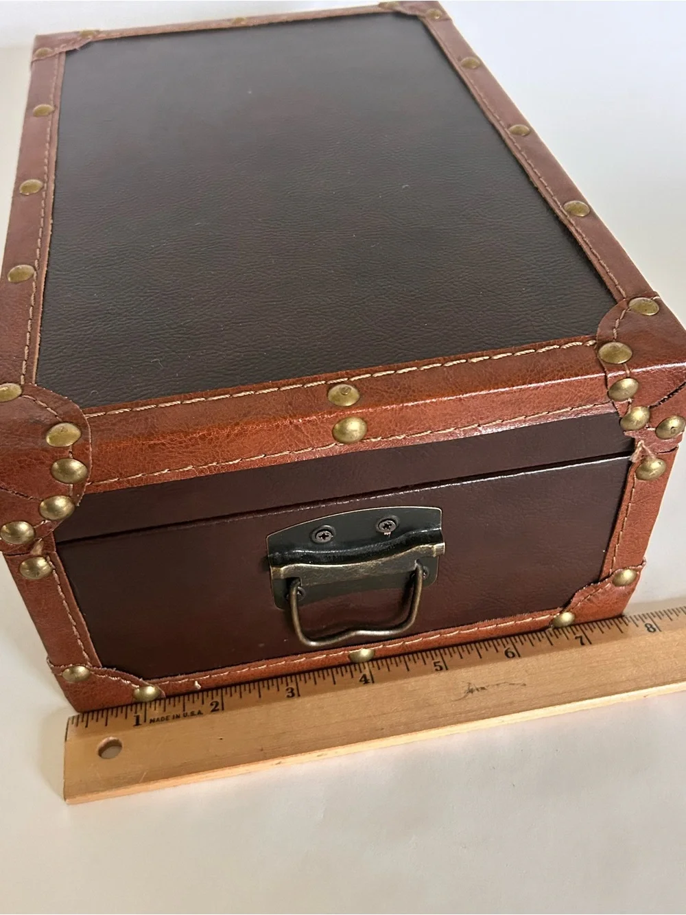 Brown Faux Leather Nail Head Storage Hinged Box Chest Trunk Swing Clasp Man Cave